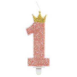 1-års Kagelys med Krone Pink