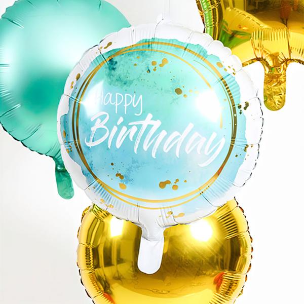 Folieballon Happy Birthday Turkis & Guld