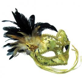 Gylden Venetiansk Maske med Fjer