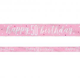 Happy 50th Birthday Banner Pink & Sølv