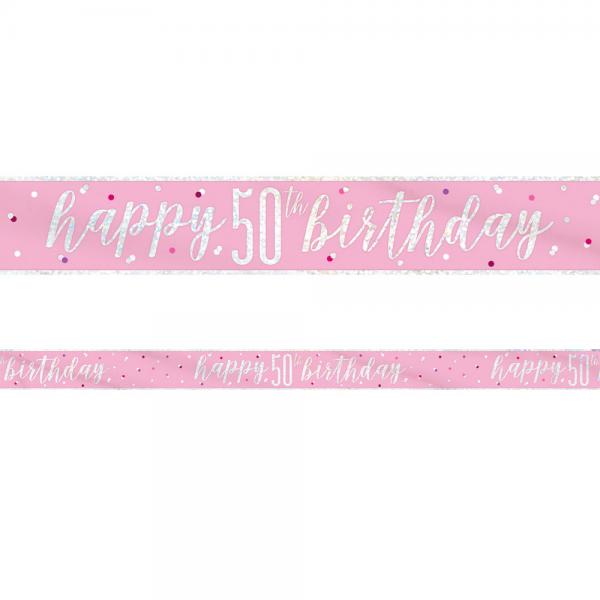 Happy 50th Birthday Banner Pink & Slv