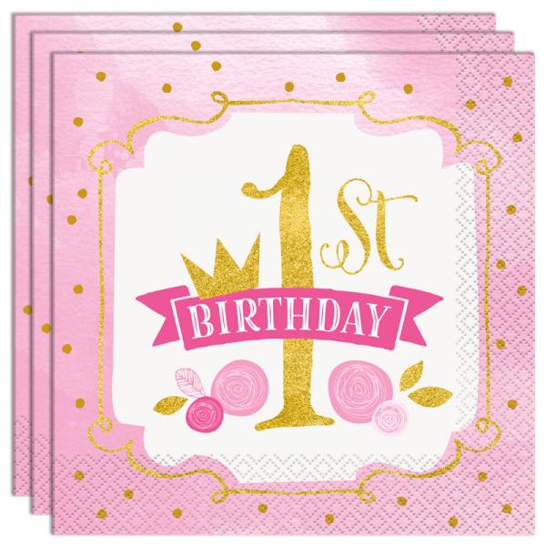 1st Birthday Servietter Guld/Pink