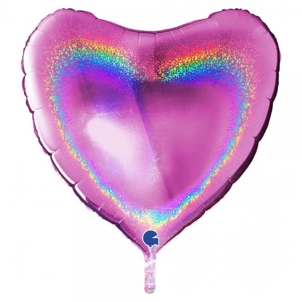Stor Holografisk Folieballon Hjerte Fuxia Pink