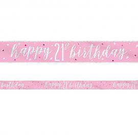 Happy 21th Birthday Banner Pink & Sølv