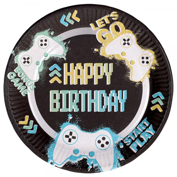 Paptallerkener Happy Birthday Gamer 23 cm 8-pak