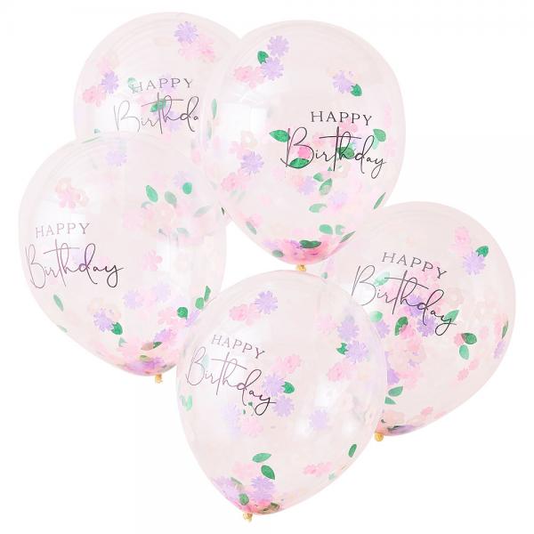 Konfettiballoner Blomster Happy Birthday 5-pak