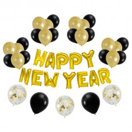 Happy New Year Ballonsæt Guld og Sort