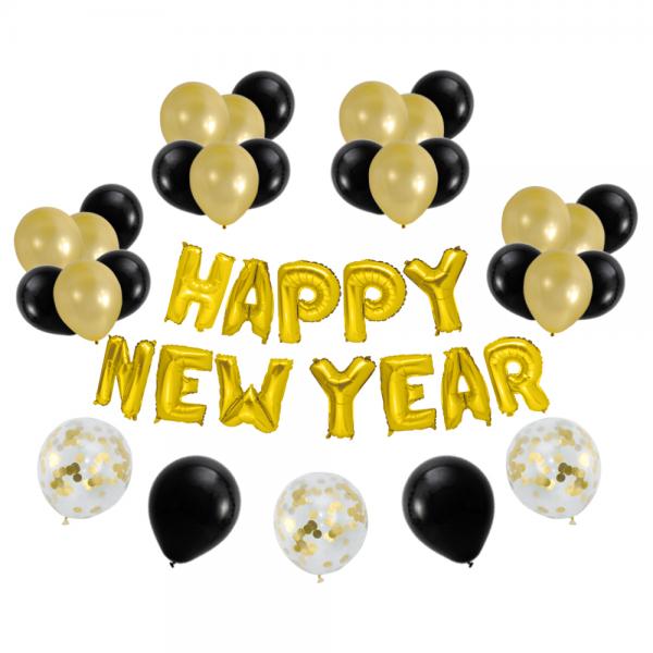 Happy New Year Ballonst Guld og Sort