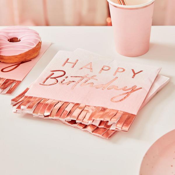 Happy Birthday Servietter Ombre Pink & Rosaguld