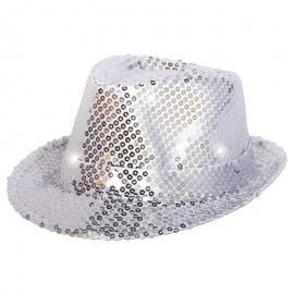 Trilby Hat Sølv Pailletter med LED