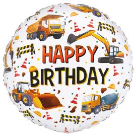 Folieballon Happy Birthday Byggekøretøjer
