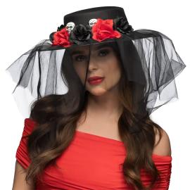 Sort Hat med Dødningehoveder, Blomster & Slør