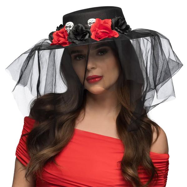 Sort Hat med Dødningehoveder, Blomster & Slør