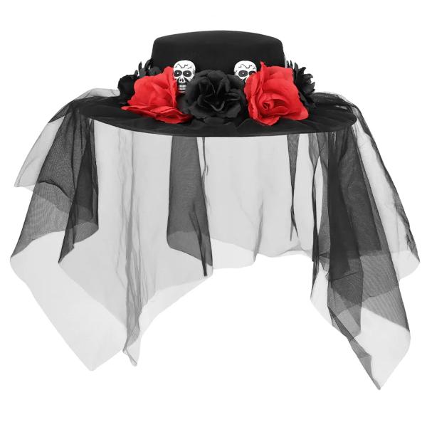 Sort Hat med Dødningehoveder, Blomster & Slør