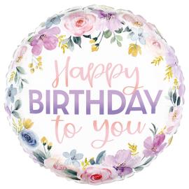 Happy Birthday Rund Blomster Folieballon