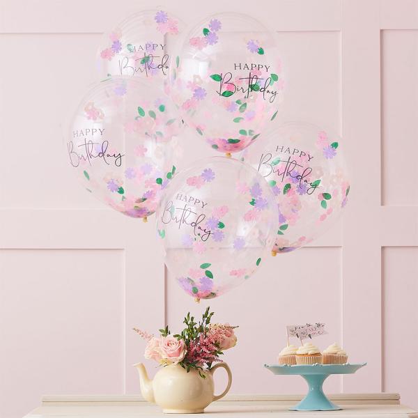 Konfettiballoner Blomster Happy Birthday 5-pak