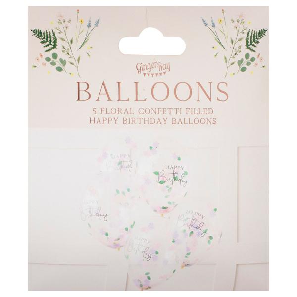 Konfettiballoner Blomster Happy Birthday 5-pak