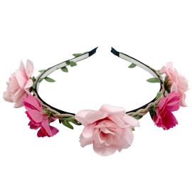 Hårbøjle med Blade & Lyserøde Blomster