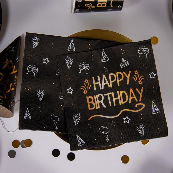 Servietter Happy Birthday Sort 16-pak