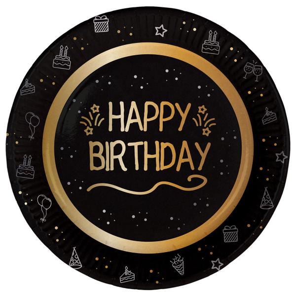 Paptallerkener Happy Birthday Sort 8-pak