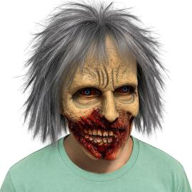 Latexmaske Zombie med Gr&aring;t H&aring;r