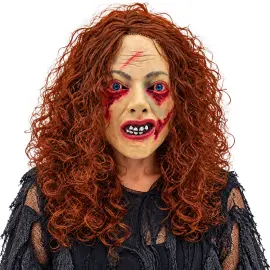 Latexmaske Zombie med R&oslash;dbrunt H&aring;r