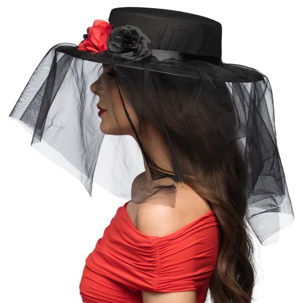 Sort Hat med Dødningehoveder, Blomster & Slør