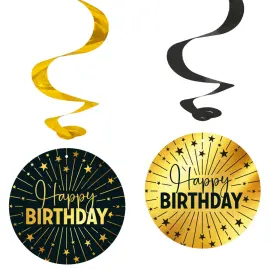 Swirls Happy Birthday Guld/Sort 4-pak