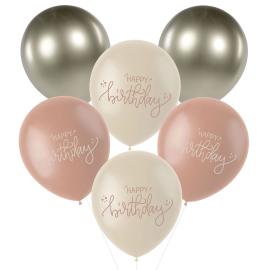Latexballoner Happy Birthday Cremelyserød/Olivengrøn/Cremehvid 6-pak