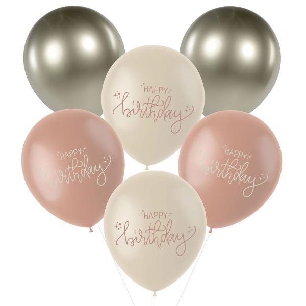 Latexballoner Happy Birthday Cremelyserød/Olivengrøn/Cremehvid 6-pak