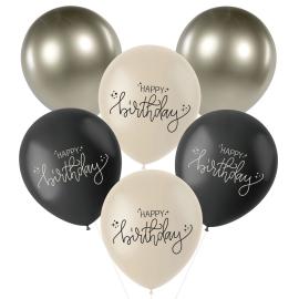Latexballoner Happy Birthday Sort/Olivengrøn/Cremehvid 6-pak