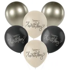 Latexballoner Happy Birthday Sort/Olivengrøn/Cremehvid 6-pak