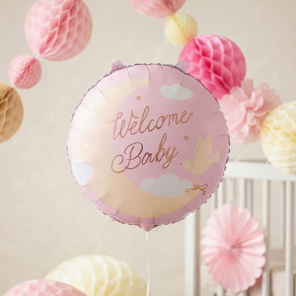 Folieballon Welcome Baby Lysrosa Rund 35 cm