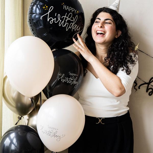 Latexballoner Happy Birthday Sort/Olivengrøn/Cremehvid 6-pak