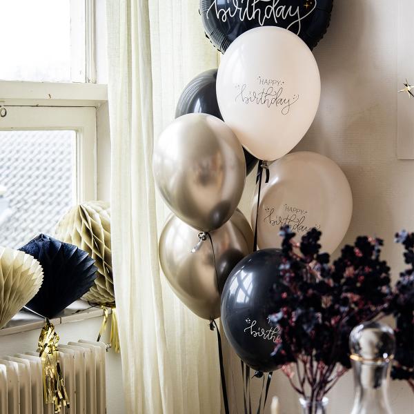 Latexballoner Happy Birthday Sort/Olivengrøn/Cremehvid 6-pak