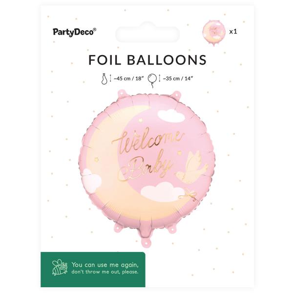 Folieballon Welcome Baby Lysrosa Rund 35 cm