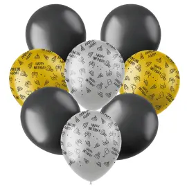 Latexballoner Happy Birthday Sort/S&oslash;lv/Guld 8-pak