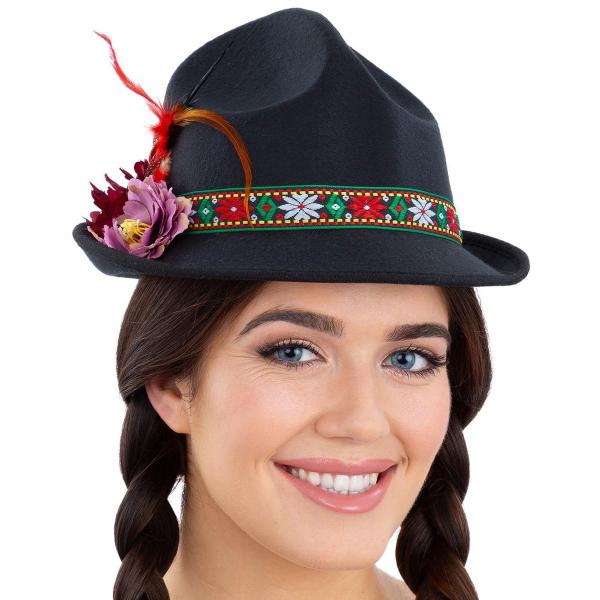 Sort Dirndl Hat med Fjer & Blomster