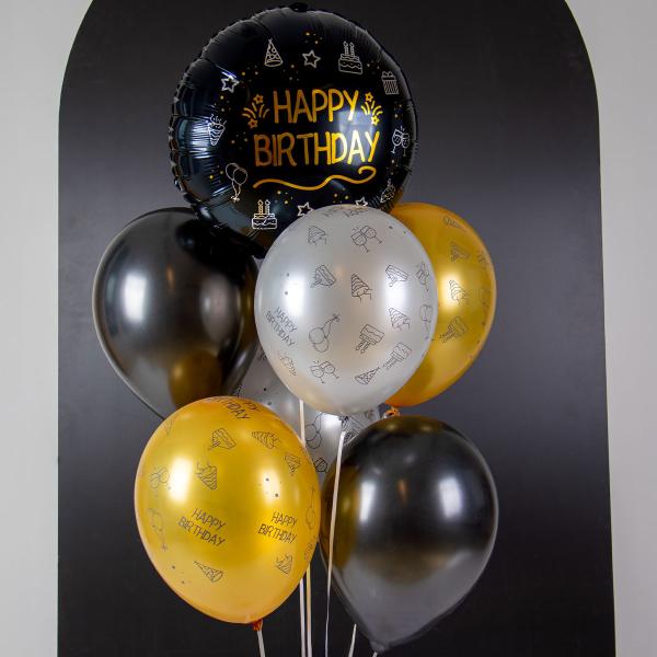 Latexballoner Happy Birthday Sort/Sølv/Guld 8-pak