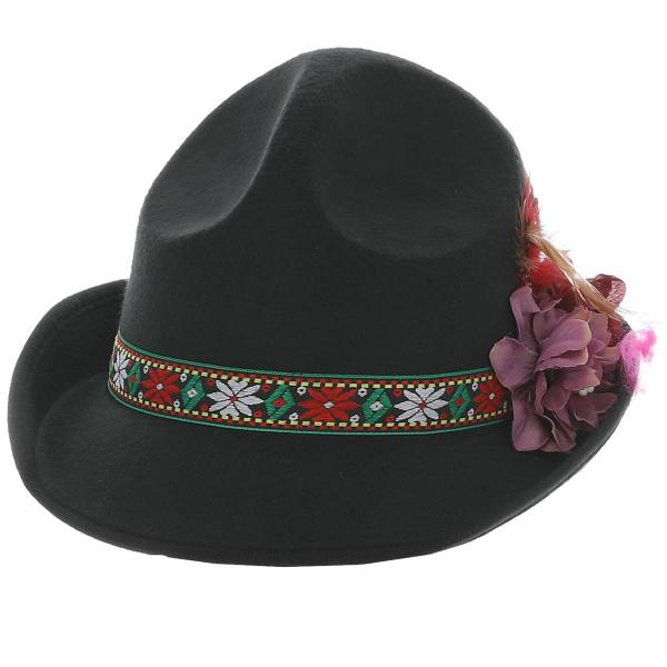 Sort Dirndl Hat med Fjer & Blomster