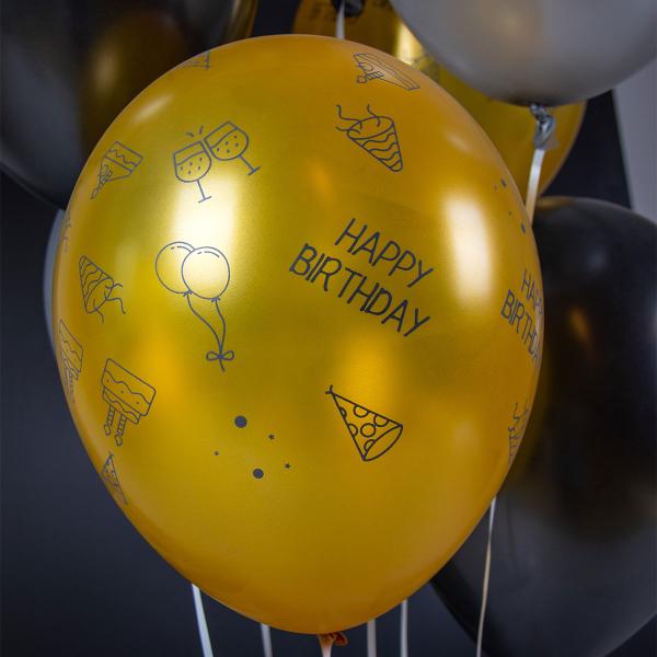 Latexballoner Happy Birthday Sort/Sølv/Guld 8-pak