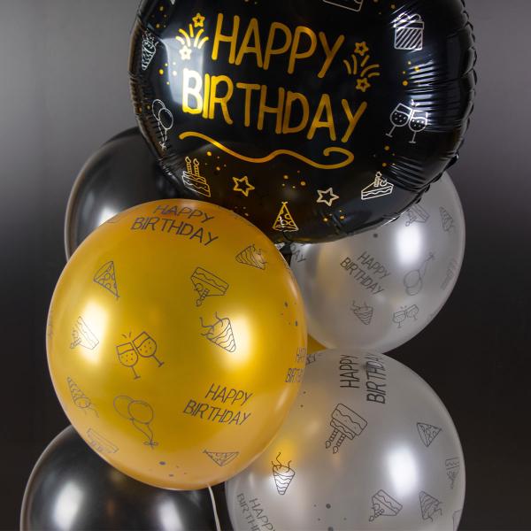 Latexballoner Happy Birthday Sort/Sølv/Guld 8-pak
