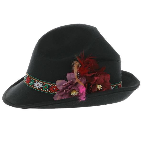 Sort Dirndl Hat med Fjer & Blomster