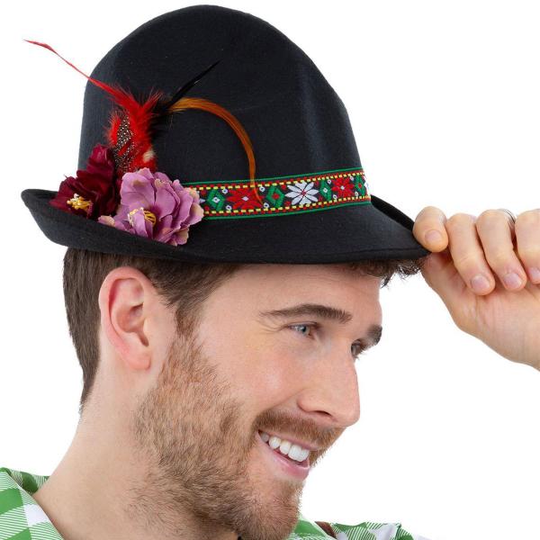 Sort Dirndl Hat med Fjer & Blomster