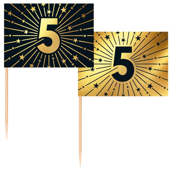 Partypicks 5 år Guld/Sort 50-pak