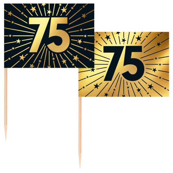Partypicks 75 år Guld/Sort 50-pak