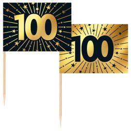 Partypicks 100 år Guld/Sort 50-pak