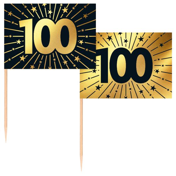 Partypicks 100 år Guld/Sort 50-pak