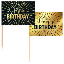 Partypicks Happy Birthday Guld/Sort 50-pak