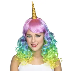Regnbuefarvet Unicorn Paryk med Horn